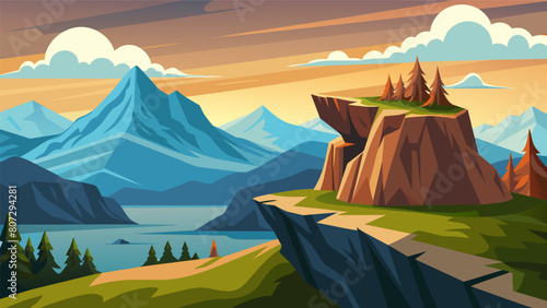 A rocky outcropping with a stunning view of the surrounding mountains providing a unique and invigorating location for stretching and taking in the. Vector illustration