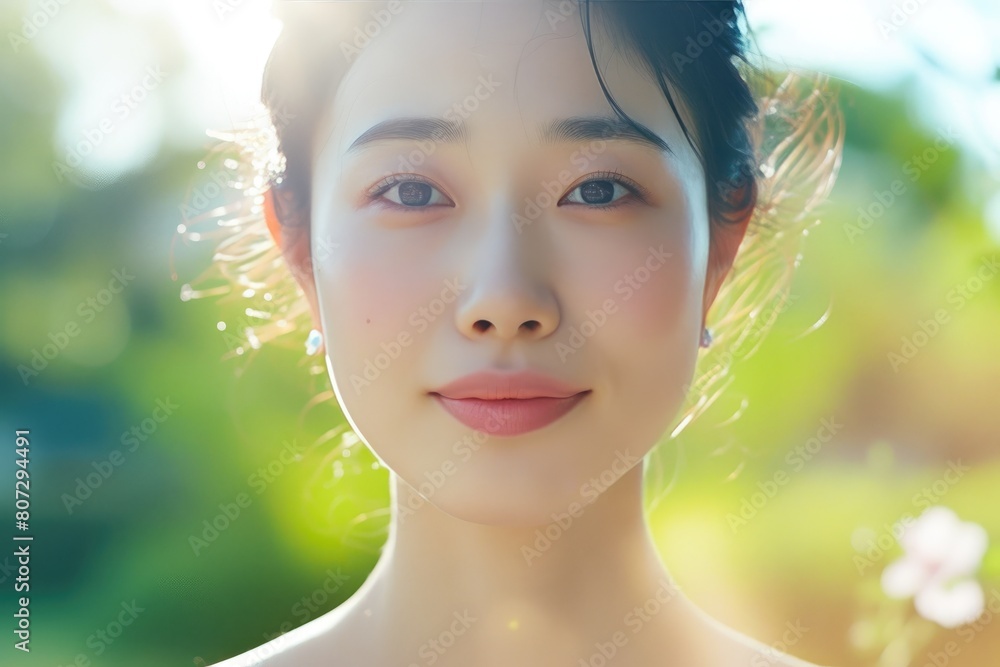 Radiant Japanese Beauty: Skincare Model in Sunlight Radiant Japanese Beauty: Skincare Model in Sunlight