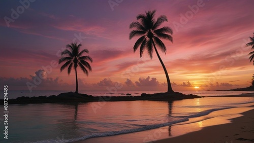 A serene, picturesque tropical beach at sunset, bathed in the warm glow of a pink sky.