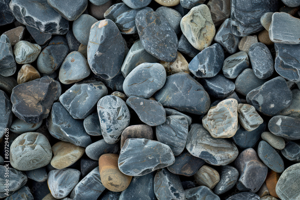 A collection of gray pebbles tightly packed in a line on the ground, forming a cohesive pattern A collection of gray pebbles tightly packed in a line on the ground, forming a cohesive pattern