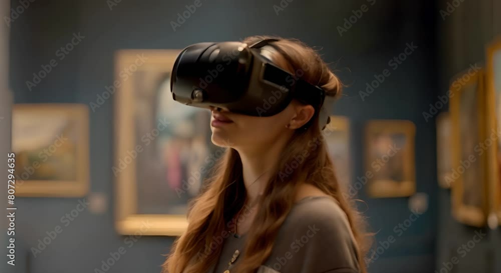 Woman in VR headset exploring virtual museum with art gallery paintings . Concept Woman, VR headset, Virtual museum, Art gallery, Paintings Woman in VR headset exploring virtual museum with art gallery paintings . Concept Woman, VR headset, Virtual museum, Art gallery, Paintings
