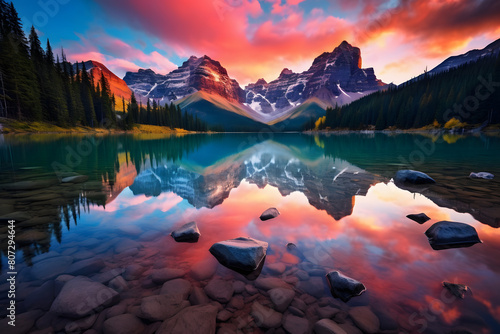 A crystal clear mountain lake at sunrise surround Generative Ai