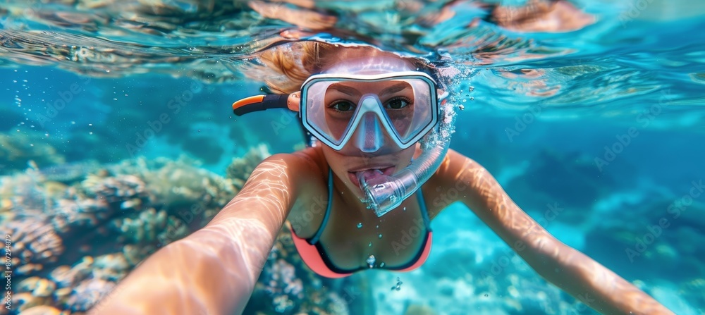 Submerged exploration  young woman diving in crystal clear blue sea for an underwater adventure
