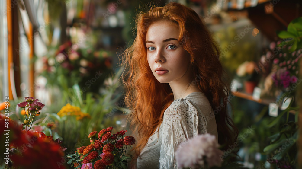 A girl standing with flowers at work in a flower shop. Portrait of a Caucasian girl - florist, successful owner, eco-friendly concept A girl standing with flowers at work in a flower shop. Portrait of a Caucasian girl - florist, successful owner, eco-friendly concept