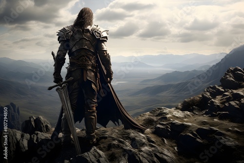 Medieval knight on the top of the mountain. 3d render