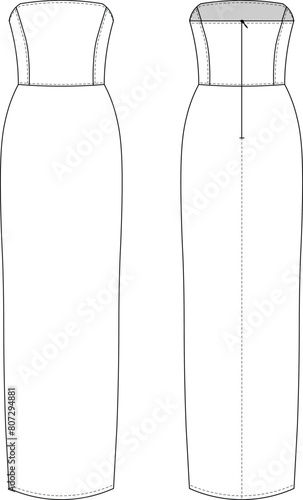 strapless neck sleeveless princess darted zippered long maxi midi pegged dress template technical drawing flat sketch cad mockup fashion woman design style model
