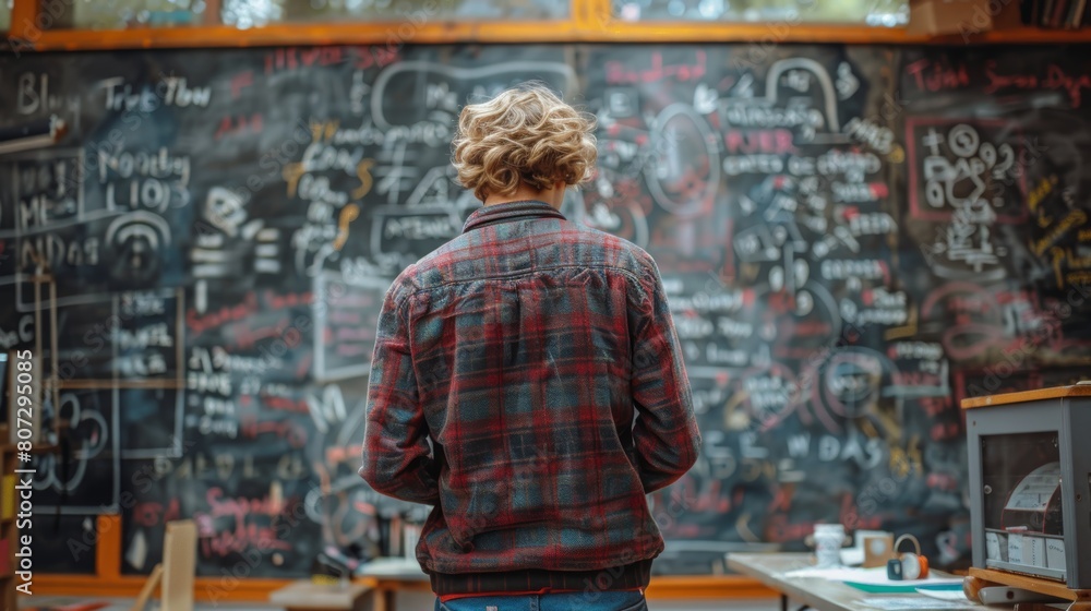 High School Student Solving Complex Math Problems on a Blackboard