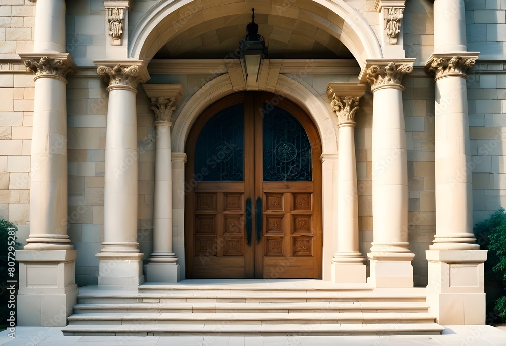 A grand, classical-style entrance with a set of double wooden doors surrounded by ornate columns and a stone staircase leading up to the entrance