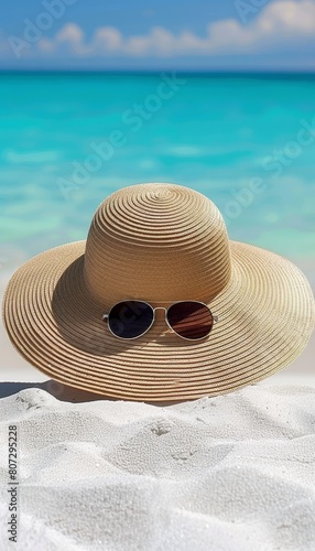 Stylish sun hat and sunglasses on beach summer relaxation and fun for travel marketing