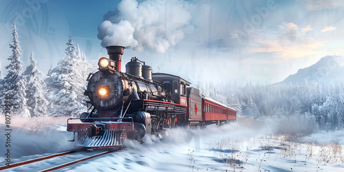 Winter Wonderland Journey Steam Train Through Snowy Landscape photo