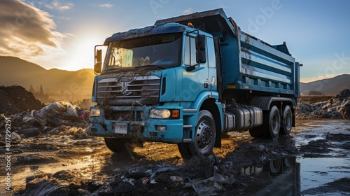 Dirty Blue Dump Truck Unloading Waste at Sunset in a Rural Landfill