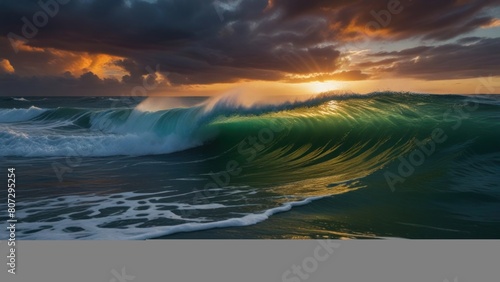The vibrant sea waves dance with a kaleidoscope of colors, reflecting the setting sun's warm glow