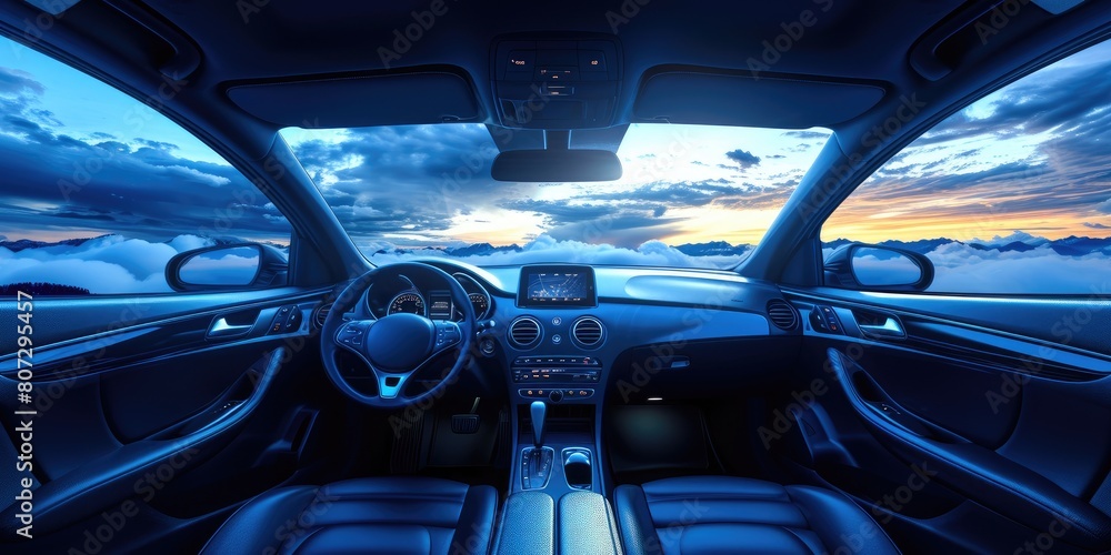 Comfortable Car Interior with Expansive Sky View, Royalty-Free
