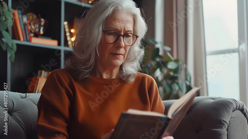 Leisurely Escape: Elderly Woman Enjoying Her Time Off, Immersed in a Good Book





