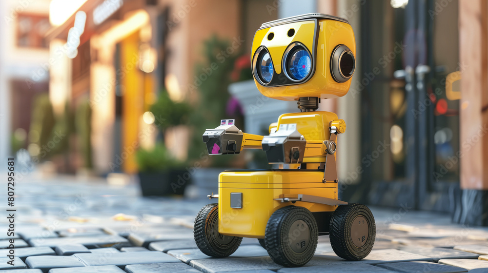 Fototapeta premium Yellow Cute Robot on Wheels: Delivery Concept