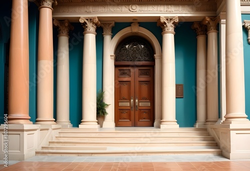 A grand  classical-style entrance with a set of double wooden doors surrounded by ornate columns and a stone staircase leading up to the entrance