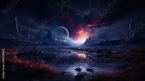 Stunning Night Fantasy Landscape with Frozen Cracked Ice and Luminous Moon Over Red Flower Field © AS Photo Family