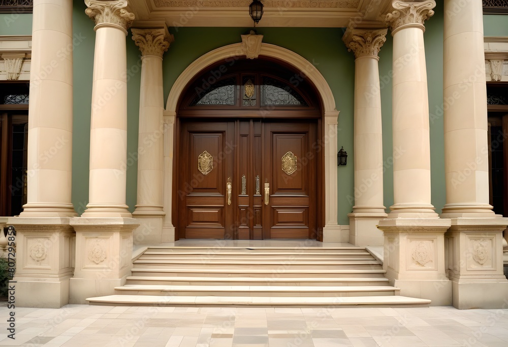 Obraz premium A grand, classical-style entrance with a set of double wooden doors surrounded by ornate columns and a stone staircase leading up to the entrance
