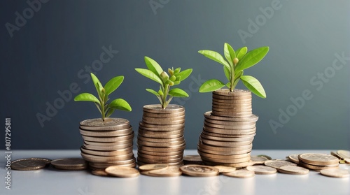 Plant growing from coins. Seedlings are growing on the Coins stack with cubes, business growth, profit, and success development to achieve the target.