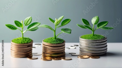 Plant growing from coins. Seedlings are growing on the Coins stack with cubes, business growth, profit, and success development to achieve the target.