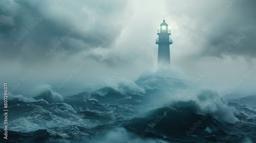Powerful Storm Waves Crash Against Lighthouse Generative AI