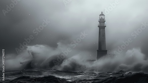 Powerful Storm Waves Crash Against Lighthouse Generative AI