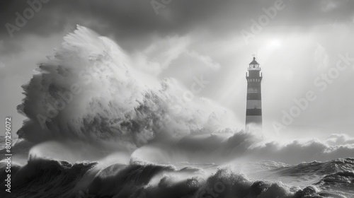 Fierce Storm Engulfs Lighthouse by the Ocean Generative AI