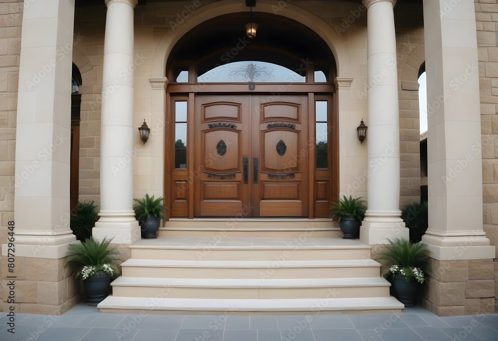 A grand, classical-style entrance with a set of double wooden doors surrounded by ornate columns and a stone staircase leading up to the entrance