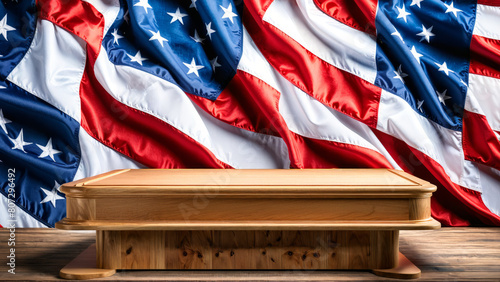 Wooden rustical product display podium, wooden country podium for display Products, American Flag background, 4th of July USA Independence Day, America podium, USA product presentation, ad, podium photo