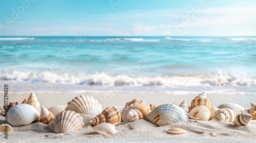 Seashells on Seashore: Coastal Beauty. blurred background.