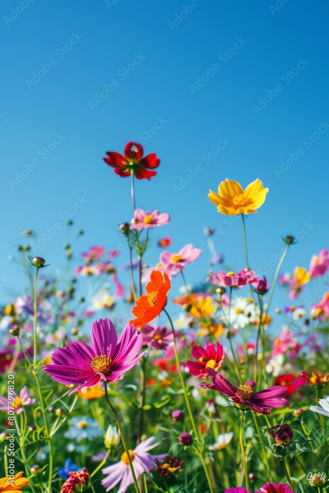 Colorful garden of wild flowers: Nature palette blurred background with flowers and sky
