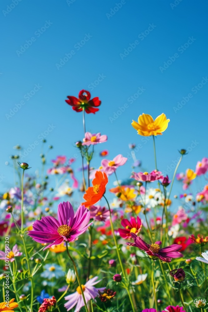 Colorful garden of wild flowers: Nature palette blurred background with flowers and sky Colorful garden of wild flowers: Nature palette blurred background with flowers and sky