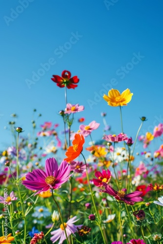 Colorful garden of wild flowers: Nature palette blurred background with flowers and sky © Kamil
