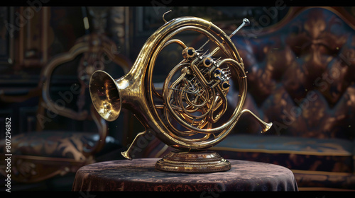 Majestic French Horn A majestic French horn displayed on a velvet pedestal, with its winding coils and golden bell evoking images of grand orchestral performances and stirring fanfares. photo