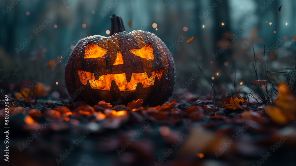 Glowing jack-o'-lanterns on a misty, reflective surface. Glowing jack-o'-lanterns on a misty, reflective surface.
