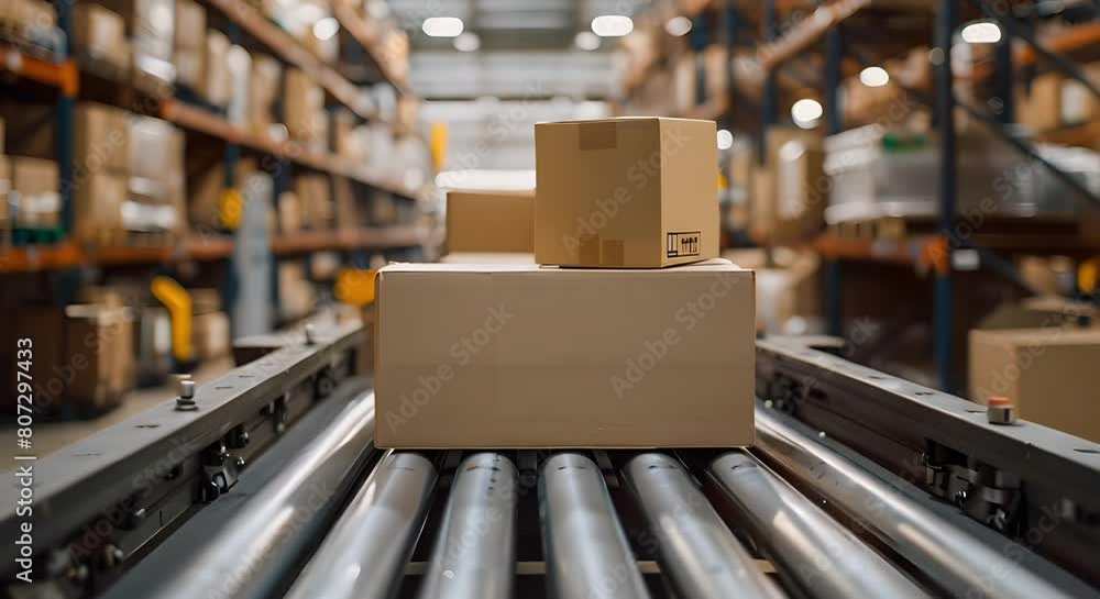Cardboard boxes moving on conveyor belt in warehouse for ecommerce delivery. Concept Ecommerce Warehouse, Conveyor Belt, Cardboard Boxes, Logistics, Supply Chain Cardboard boxes moving on conveyor belt in warehouse for ecommerce delivery. Concept Ecommerce Warehouse, Conveyor Belt, Cardboard Boxes, Logistics, Supply Chain