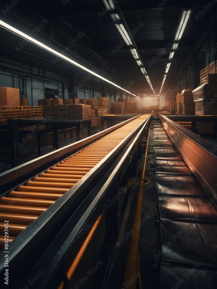 Fototapeta premium Conveyor Belt System for Package Sorting in Industrial Warehouse Facility