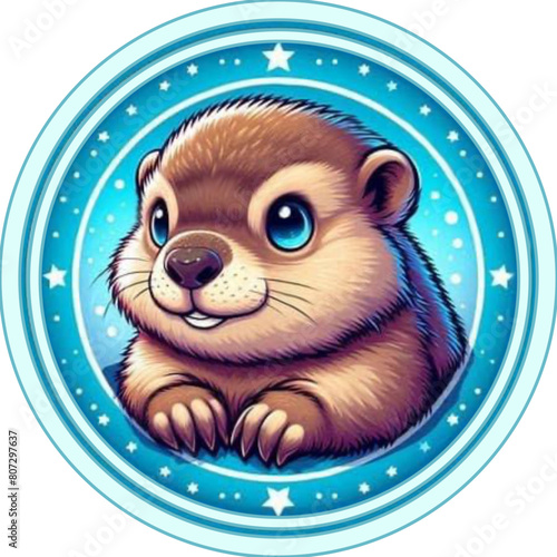Otter with light blue eyes in a light blue circle - manga style - Vector printable stickers to label/ tag gifts, jam, liquor, card, vases, bottles, for cricut, scrapbooking, sublimazione, 
 