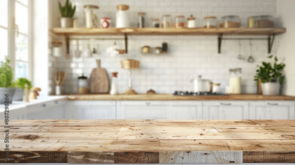 Wooden Counter n Blurred Kitchen Background Wooden Counter n Blurred Kitchen Background