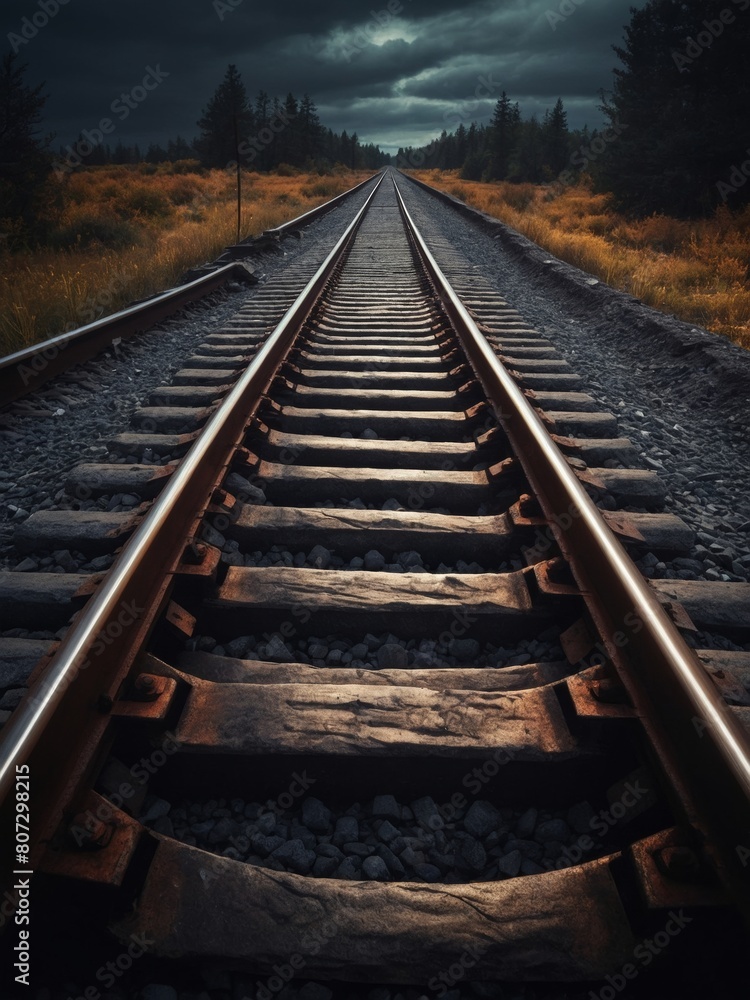 Fototapeta premium Metallic Railway Tracks Under Bright SunlightShadows Crossing - Transportation Industry Scene