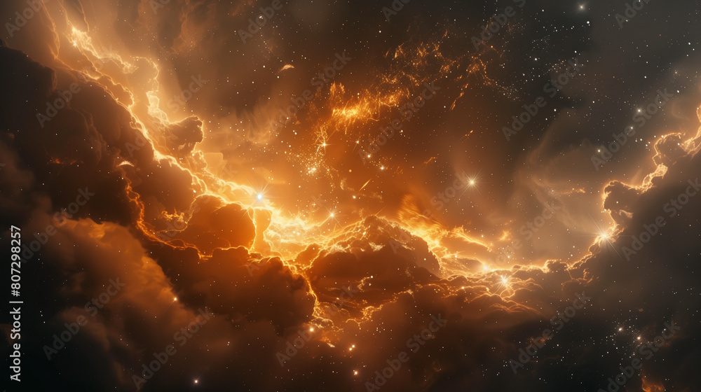 Amazing nebula cloud, stars and galaxies in the background, glowing orange light against a space background.