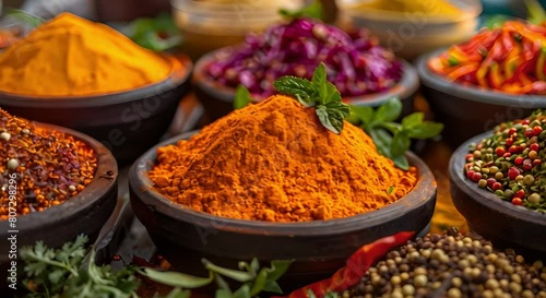 Vibrant Spice Bowls in Indian Market: Perfect for Food Ads. Concept Food Photography, Indian Cuisine, Market Vibrance, Spice Bowls, Advertisement Shoot photo