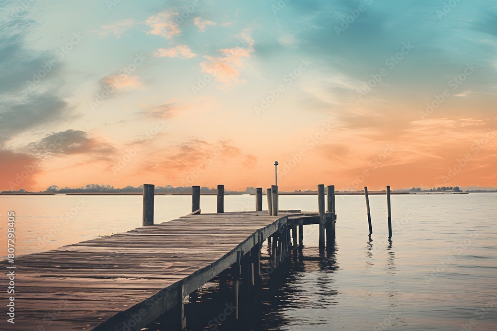 a wooden dock leading to a house on a lake with a pink and blue sky in the background at sunset.
a wooden dock leading to a house on a lake with a pink and blue sky in the background at sunset.