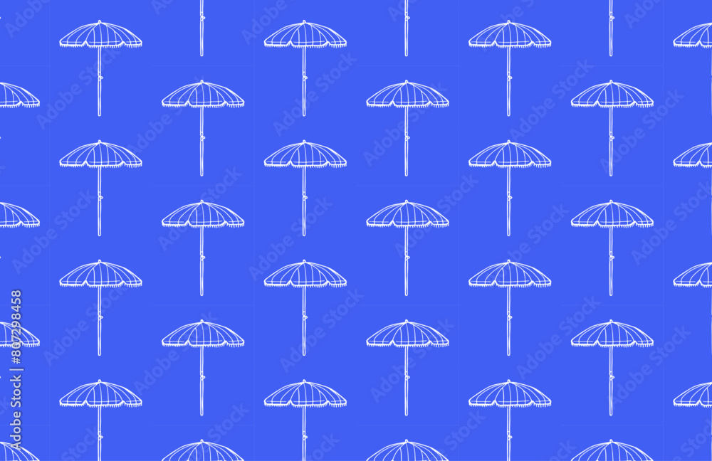 Beach umbrellas seamless pattern on blue background. Line art style wallpaper. Summer and beach backdrop. Hand drawn illustration. Beach umbrellas seamless pattern on blue background. Line art style wallpaper. Summer and beach backdrop. Hand drawn illustration.