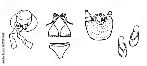 Travel clothing collection. Beachwear and accessories for woman. hand drawn illustrations isolated on white background. Summer vacation and travel concept. Line art design.