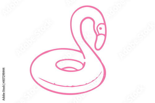 Outline illustration of a flamingo pool float. Simple line art isolated on white background. Summer and leisure concept for design and print.