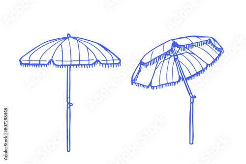 Beach umbrellas hand drawn illustration. Line art style isolated on white background. Summer and beach equipment for design and print. 