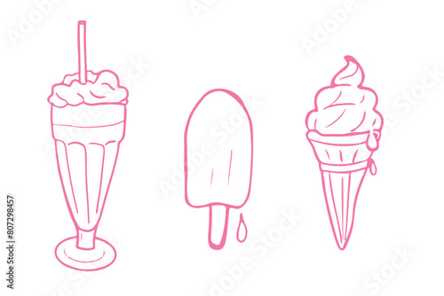 Hand drawn illustration of milkshake, popsicle, and soft serve ice cream. Simple line art isolated on white background. Dessert and summer treats elements. 
