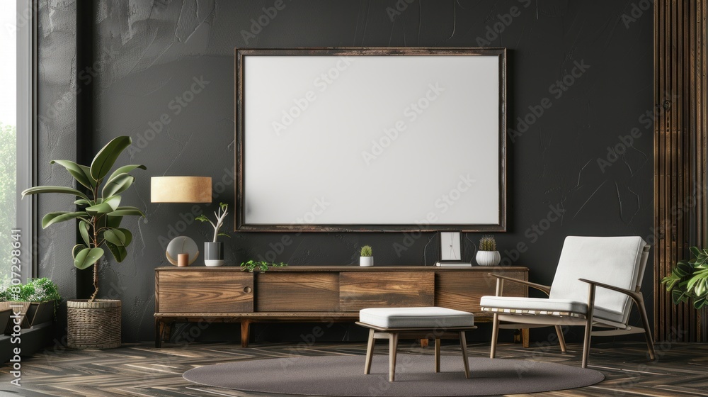 Mockup frame of living room interior with empty dark wall background, AI generated image. Mockup frame of living room interior with empty dark wall background, AI generated image.