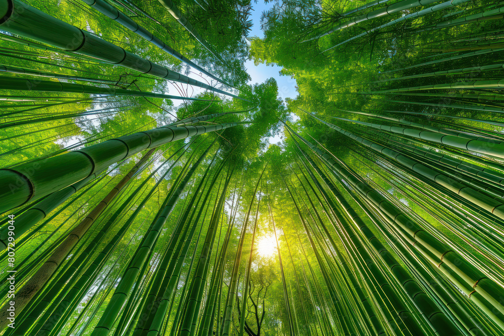 Sun shining through the dense foliage of a tall bamboo tree, creating a mesmerizing sight of light and shadows Sun shining through the dense foliage of a tall bamboo tree, creating a mesmerizing sight of light and shadows